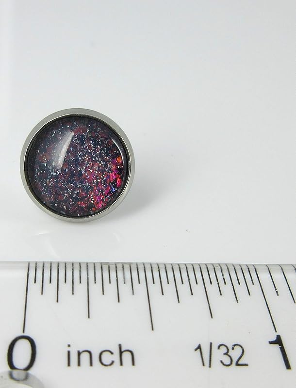 Summerfield Collection Stainless Steel Gray and Rainbow Holographic Glitter Glass Stud Earrings Hand-painted 12mm