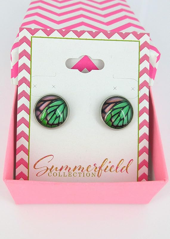 Summerfield Collection Stainless Steel Butterfly Wing Print Glass Stud Earrings 12mm (Green/Purple)