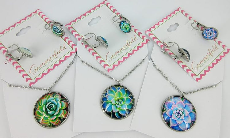Summerfield Collection Stainless Steel Succulent Printed Glass Necklace Drop Earrings Set (Green/Yellow/Red)