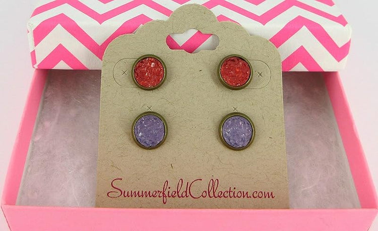 Summerfield Collection Duo Antiqued Gold-tone Red and Purple Faux Druzy Stone Stud Earrings 8mm Set