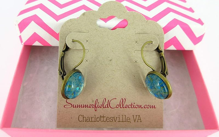 Summerfield Collection Antiqued Gold-tone Seafoam Green and Blue Glitter Glass Lever-back Drop Earrings Hand-painted