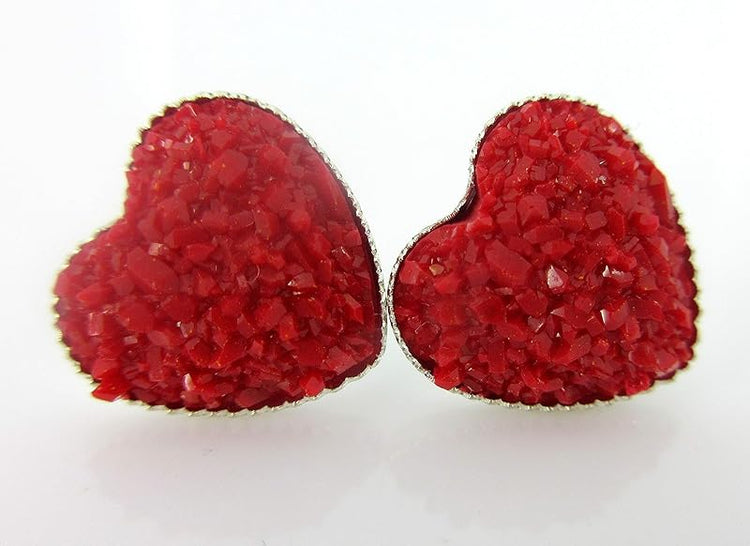 Summerfield Collection Silver-tone Heart Faux Druzy Stone Stud Earrings 12mm (Matte Red)