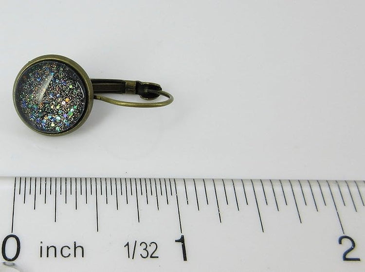 Summerfield Collection Antiqued Gold-tone Black Glitter Glass Lever-back Drop Galaxy Earrings Hand-painted