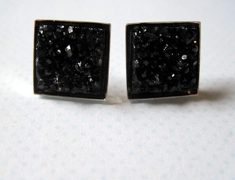 Summerfield Collection Silver-tone Metallic Geometric Square Shaped Chunky Faux Druzy Stud Earrings 12mm Statement (Black)