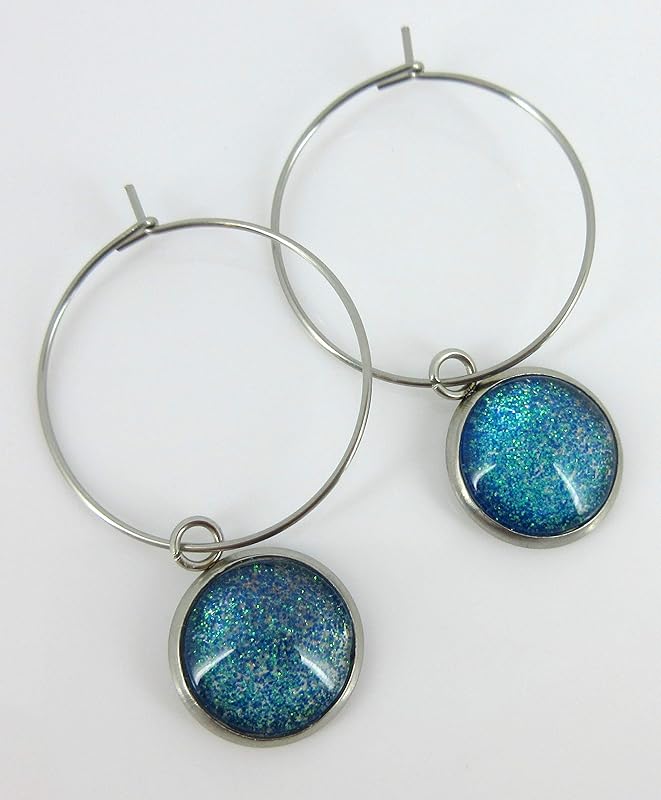 Summerfield Collection Stainless Steel Blue Green Glitter Glass Charm Hoop Earrings Hand-painted 1"