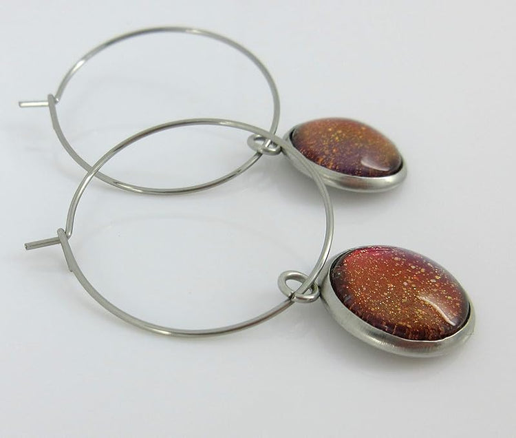 Summerfield Collection Stainless Steel Blue Red Purple and Gold Glitter Glass Charm Hoop Earrings Hand-painted 1"