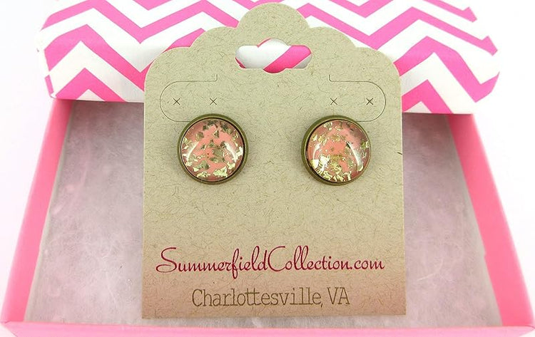 Summerfield Collection Antiqued Gold-tone Peach Glitter Glass Stud Earrings 12mm Hand-painted