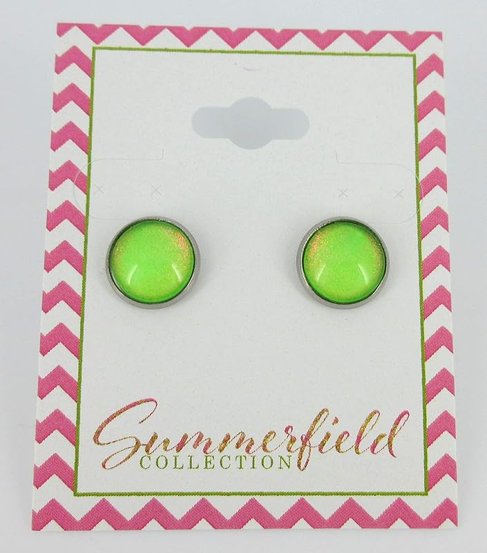 Summerfield Collection Stainless Steel Neon Green Colorshifting Glitter Glass Stud Earrings Hand-painted 10mm