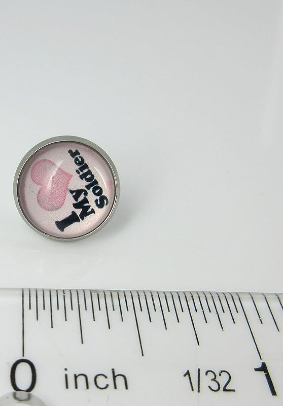 Summerfield Collection Stainless Steel I Love My Soldier Print Glass Stud Earrings 12mm Pink Black