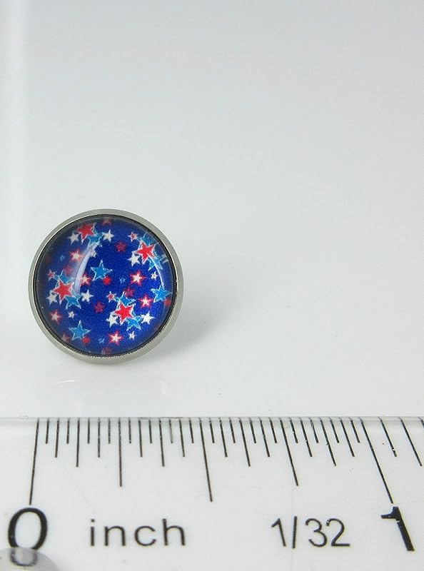 Stainless Steel Patriotic Stars Print Glass Stud Earrings 12mm (Royal Blue)