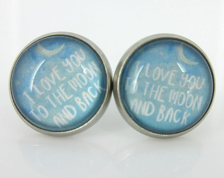 Summerfield Collection Stainless Steel I Love You to the Moon and Back Print Glass Stud Earrings 12mm (Sky Blue)