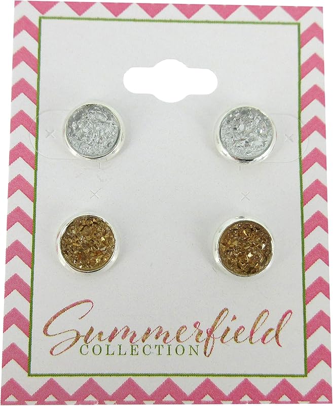 Summerfield Collection Duo Silver-tone Faux Druzy Stone Stud Earrings 8mm Set (Clear/Light Brown)