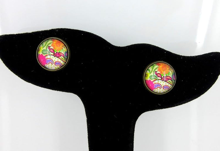 Summerfield Collection Antiqued Gold-tone Paisley Print Glass Stud Earrings 12mm