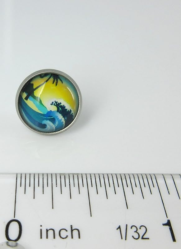 Summerfield Collection Stainless Steel Blue and Yellow Ocean Waves Scene Print Glass Stud Earrings 12mm