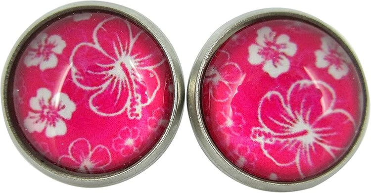 Summerfield Collection Stainless Steel Hibiscus Flower Print Glass Stud Earrings 12mm Hawaiian (Hot Pink)