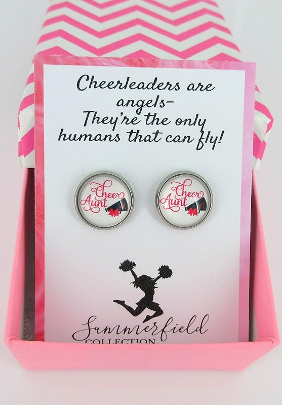 Summerfield Collection Stainless Steel Cheer Printed Glass Stud Earrings 12mm (Cheer Aunt)