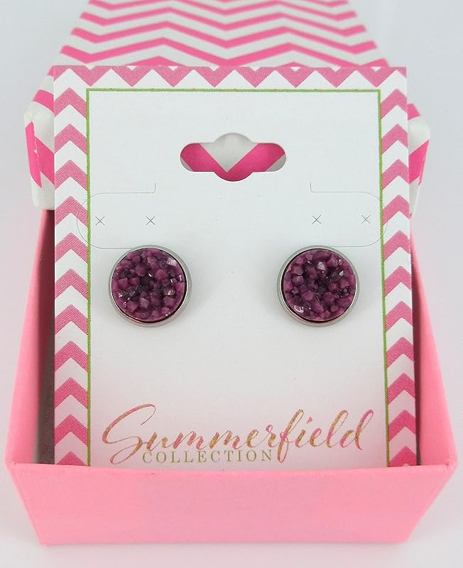 Summerfield Collection Stainless Steel Matte Faux Druzy Stone Stud Earrings 10mm (Plum Purple)