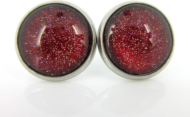 Summerfield Collection Stainless Steel Red with Gold Glitter Glass Stud Earrings Hand-painted 12mm