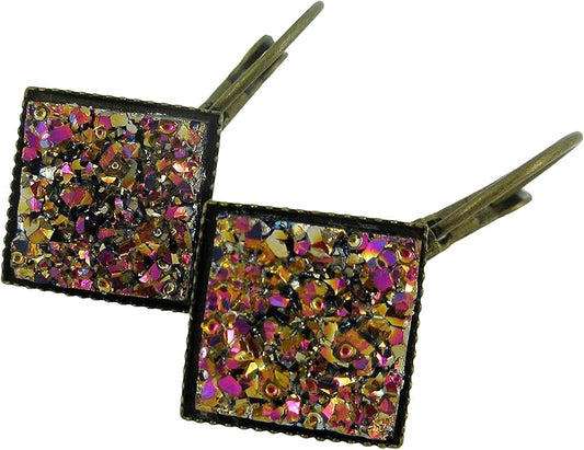 Summerfield Collection Antiqued Gold-tone Geometric Square Faux Druzy Stone Lever-back Drop Earrings (Gold/Pink Metallic)