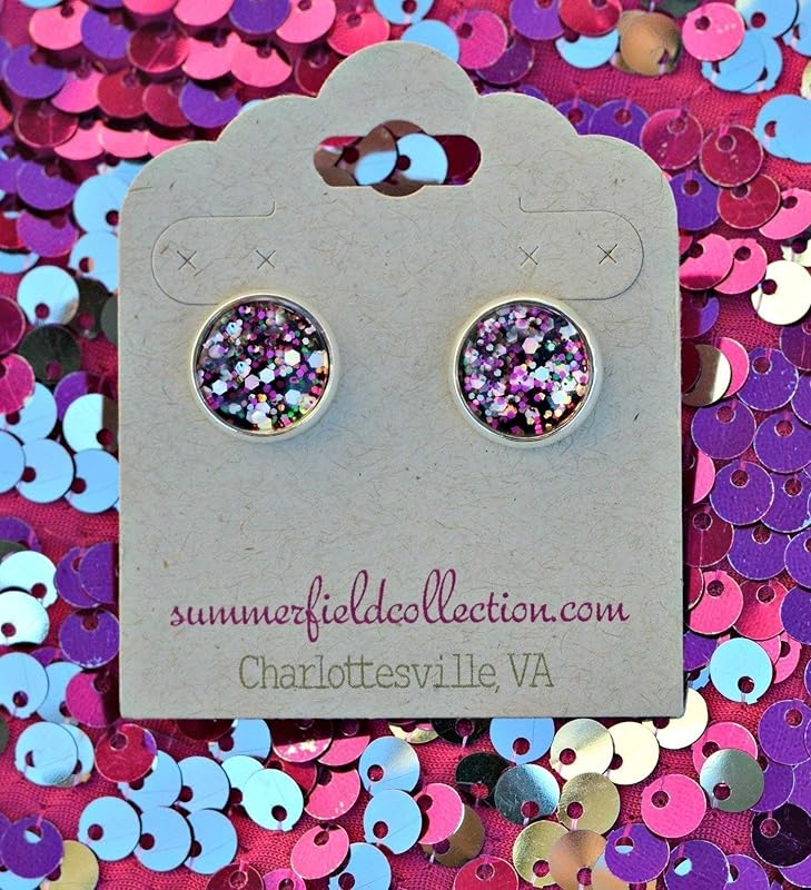 Summerfield Collection Silver-tone Preppy Mix Glitter Glass Stud Earrings Hand-painted 12mm