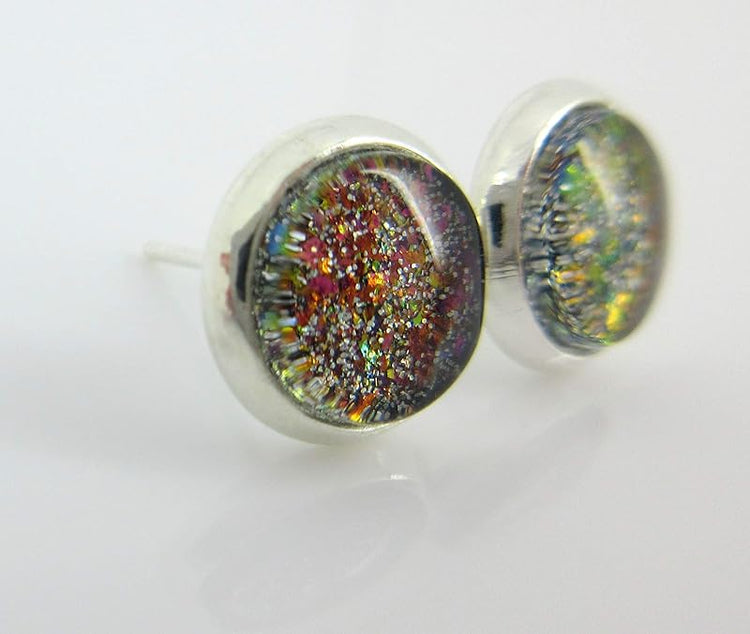 Summerfield Collection Silver-tone Purple Blue Gold Green Glitter Glass Stud Earrings Hand-painted 8mm