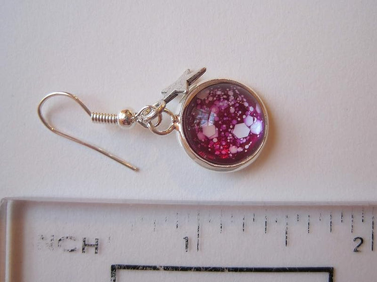 Summerfield Collection Silver-tone Magenta Pink and White Glitter Glass Star Galaxy Dangle Earrings