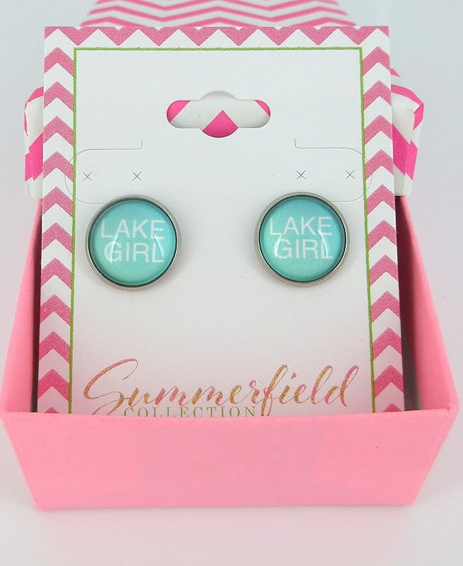 Stainless Steel Florida Girl Print Glass Stud Earrings 12mm (Lake Girl)