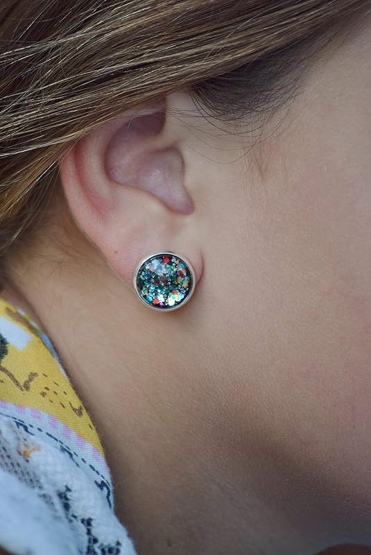 Summerfield Collection Stainless Steel Multi Color Party Confetti Glitter Glass Stud Earrings Hand-painted 12mm