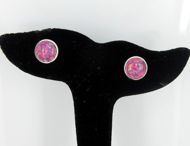 Summerfield Collection Shiny Silver-tone Opalescent Leaf Resin Stud Earrings 10mm (Magenta)