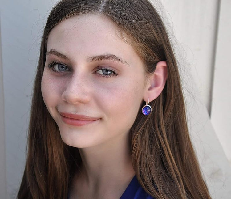 Summerfield Collection Silver-tone Blue Purple and Pink Glitter Glass Lever-back Drop Earrings Hand-painted
