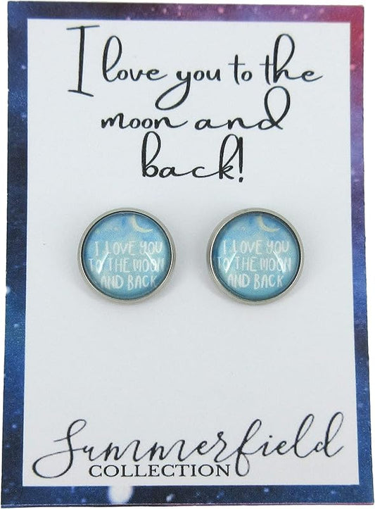 Summerfield Collection Stainless Steel I Love You to the Moon and Back Print Glass Stud Earrings 12mm (Sky Blue)