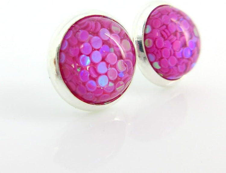 Summerfield Collection Shiny Silver-tone Iridescent Glitter Resin Stud Earrings 10mm (Magenta)
