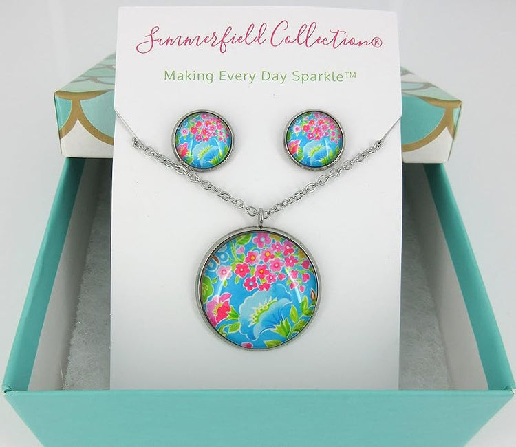 Summerfield Collection Stainless Steel Floral Printed Glass Necklace Stud Earrings Set (Blue)