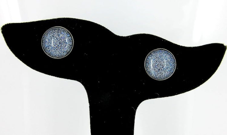 Summerfield Collection Hematite-tone Blue Holographic Glitter Glass Galaxy Stud Earrings Hand-painted 12mm