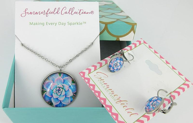 Summerfield Collection Stainless Steel Succulent Printed Glass Necklace Drop Earrings Set (Blue/Pink)