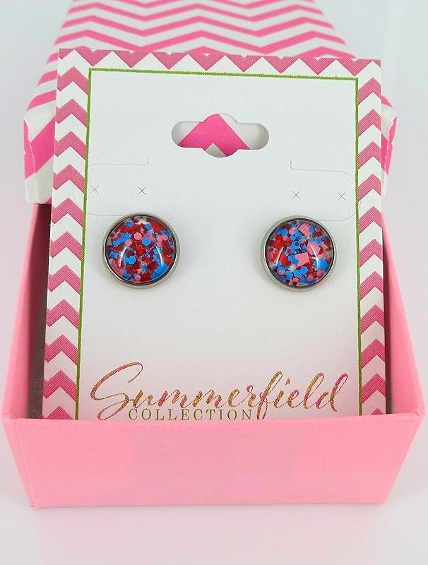 Summerfield Collection Stainless Steel Red Blue Pink Glitter Glass Stud Earrings Hand-painted 10mm