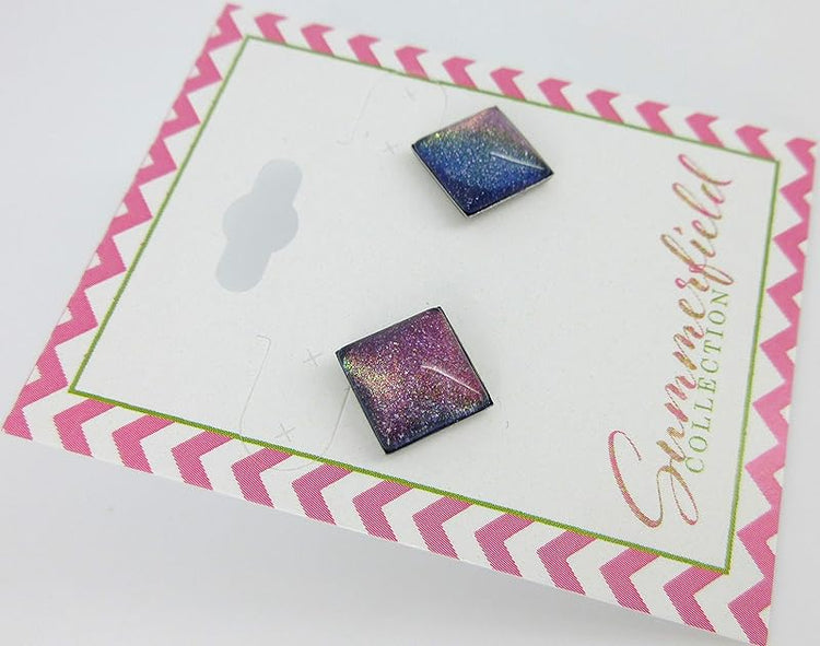 Summerfield Collection Stainless Steel Purple and Rainbow Glitter Glass Stud Earrings Hand-painted Square 10mm