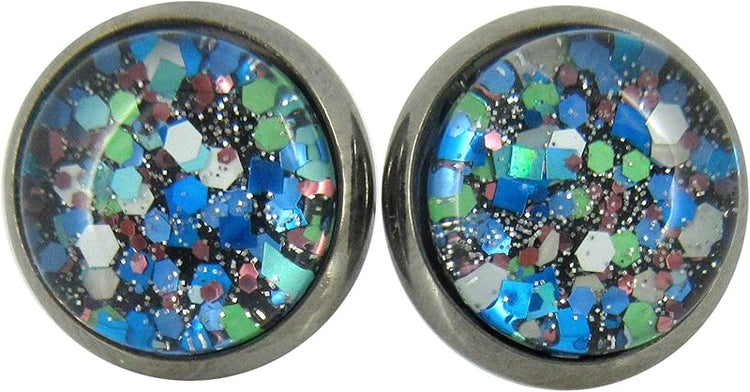 Summerfield Collection Hematite-tone Blue Green White Glitter Glass Stud Earrings Hand-painted 10mm