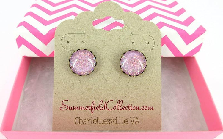 Summerfield Collection Antiqued Gold-tone Lilac Purple Iridescent Glitter Glass Stud Earrings Hand-painted 12mm