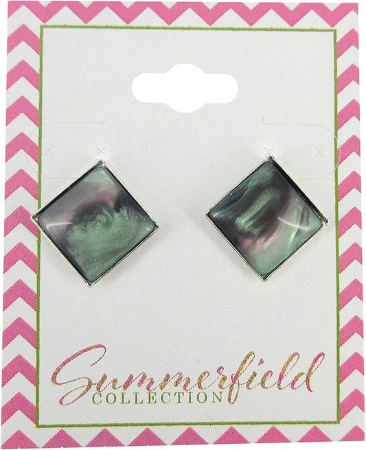 Summerfield Collection Silver-tone Faux Stone Resin Geometric Square Stud Earrings 12mm Mystical Gray Pink