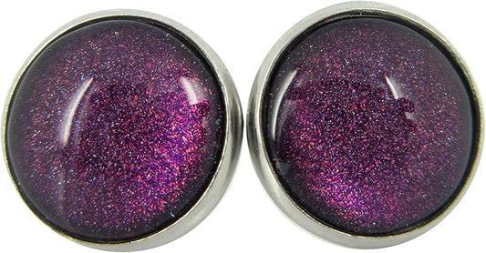 Summerfield Collection Stainless Steel Purple and Red Glitter Glass Stud Earrings Hand-painted 12mm