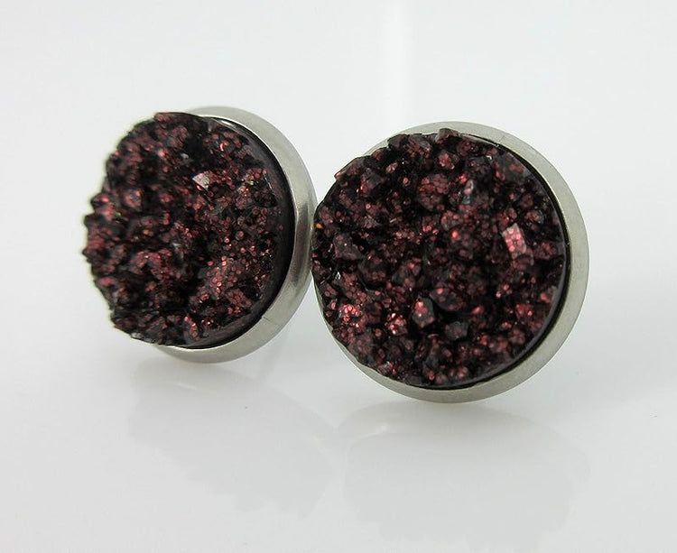 Summerfield Collection Duo Stainless Steel Glitter Faux Druzy Stone Stud Earrings Set (Dark Maroon/Gold)