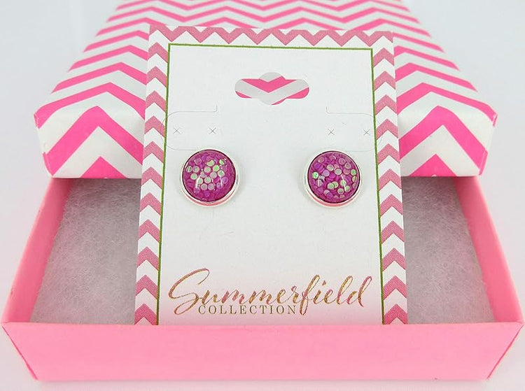 Summerfield Collection Shiny Silver-tone Iridescent Glitter Resin Stud Earrings 10mm (Magenta)