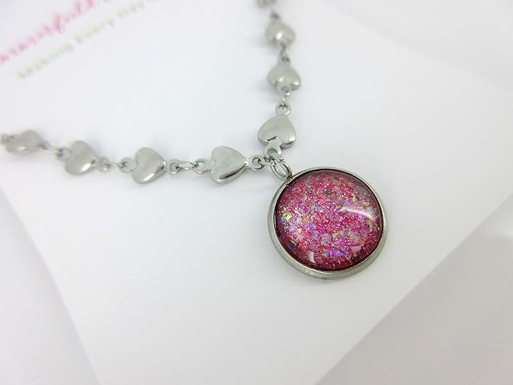 Summerfield Collection Stainless Steel Heart Chain and Pink Glitter Glass Pendant Necklace