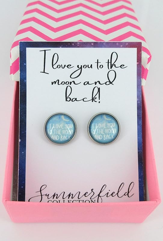 Summerfield Collection Stainless Steel I Love You to the Moon and Back Print Glass Stud Earrings 12mm (Sky Blue)