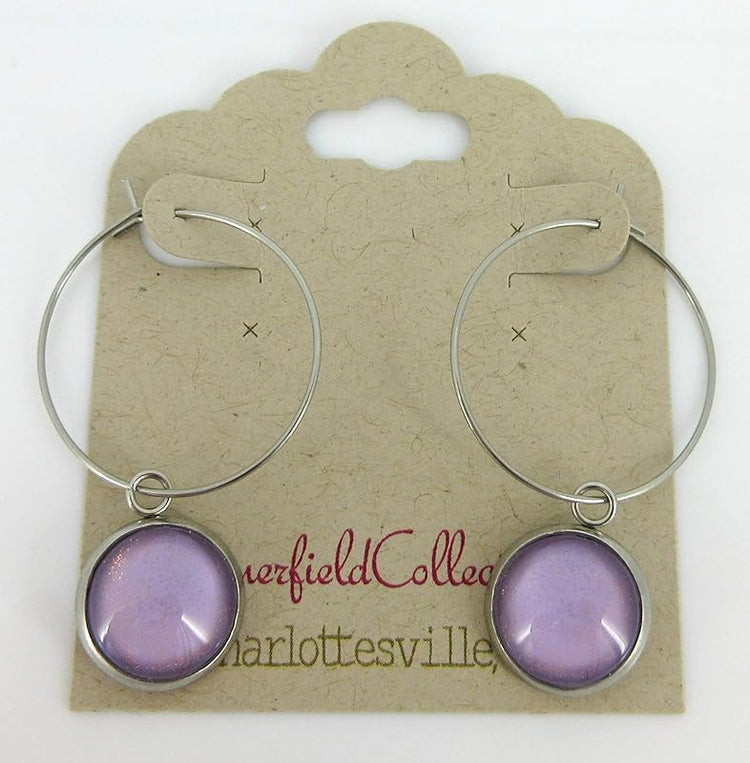 Summerfield Collection Stainless Steel Lavender Purple Glass Charm Hoop Earrings Hand-painted 1"