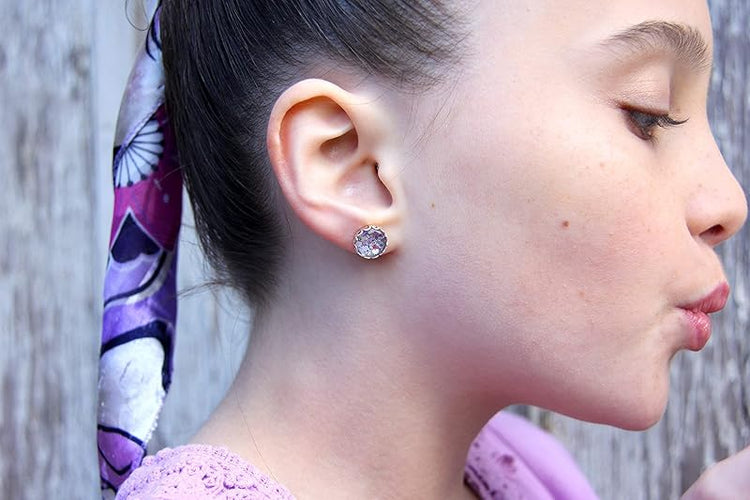Summerfield Collection Silver-tone Gray Pink and White Glitter Glass Stud Earrings Hand-painted 10mm