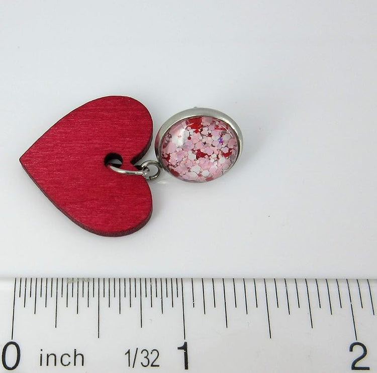 Summerfield Collection Stainless Steel Pink White Glitter Glass Red Heart Wood Drop Earrings