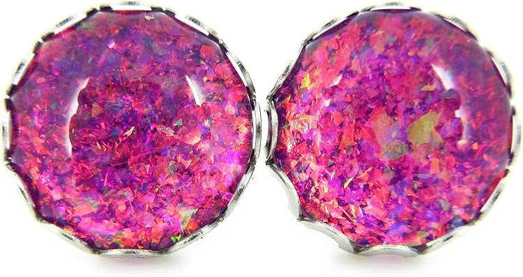 Summerfield Collection Stainless Steel Magenta Pink Purple with Colorshifting Rainbow Flake Glitter Glass Stud Earrings Hand-painted 12mm