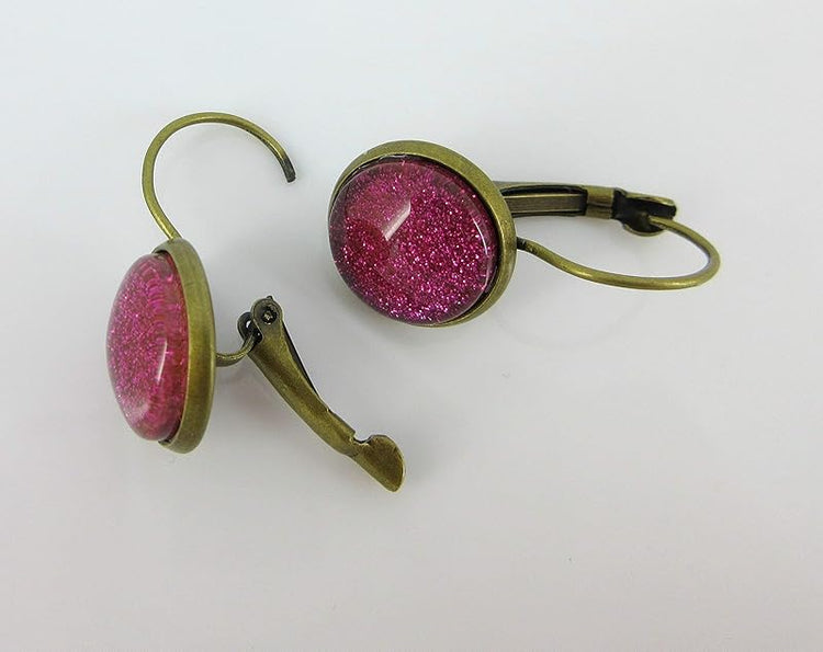 Summerfield Collection Antiqued Gold-tone Hot Pink Glitter Glass Lever-back Drop Earrings Hand-painted